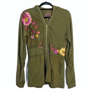 Johnny Was Olive Green Embroidered Floral Zip Hoodie